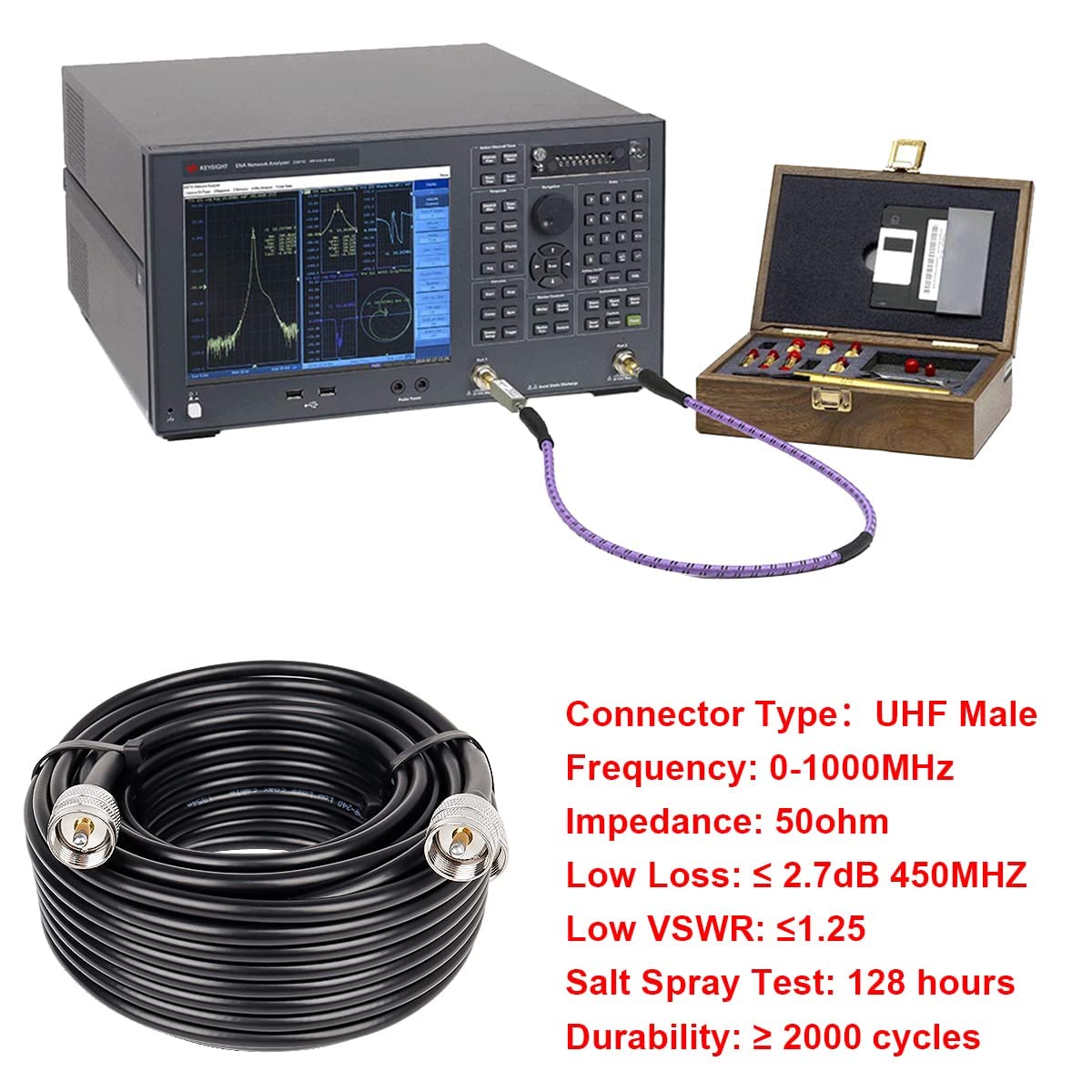 MOOKEERF cable attached to SWR meter showing compatibility and stable signal testing