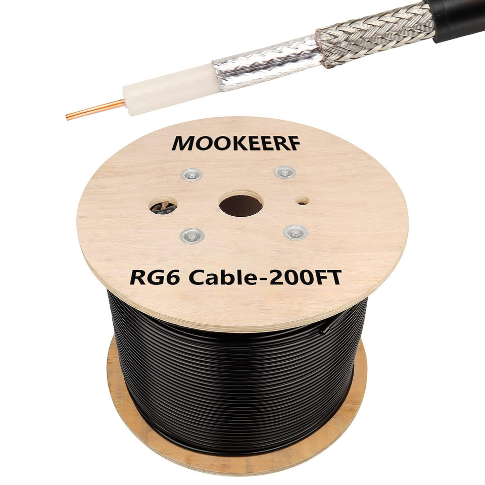 MOOKEERF front coil of 200FT RG6 cable showing neat spool and packaging benefit easy installation