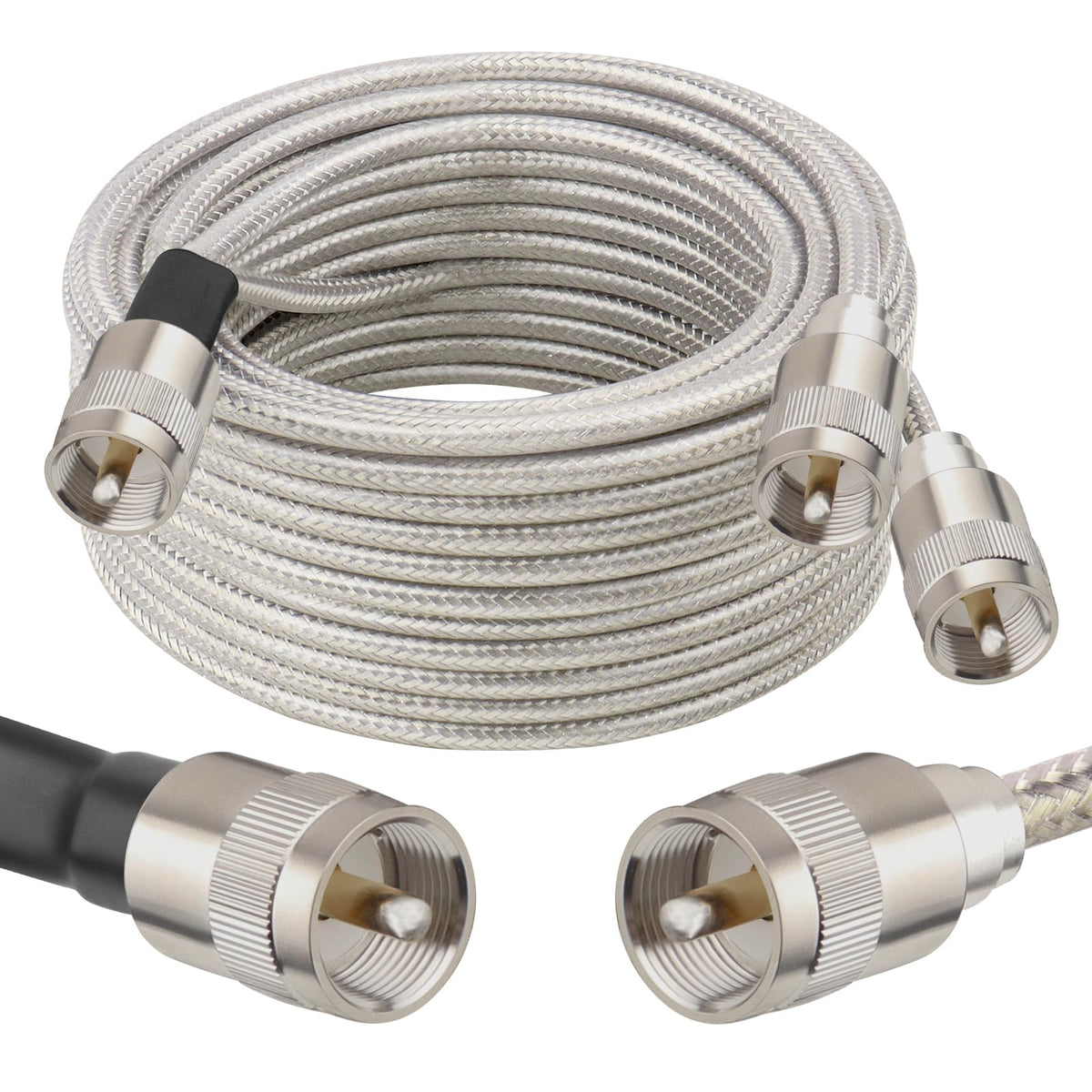 MOOKEERF front packaging showing 18FT dual RG8X cable and three PL-259 connectors for reliable connections