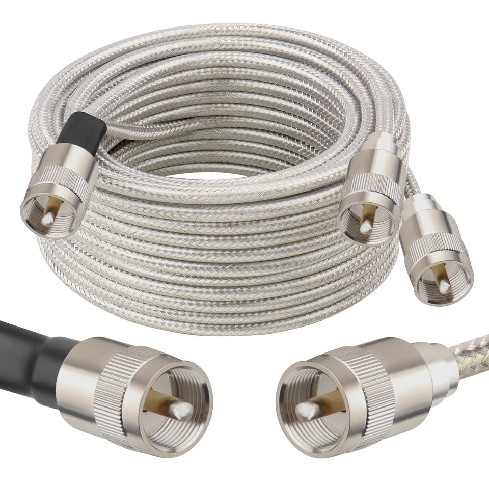 MOOKEERF front packaging showing 18FT dual RG8X cable and three PL-259 connectors for reliable connections