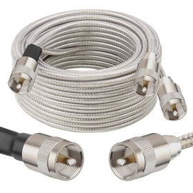 MOOKEERF front packaging showing 20FT dual RG8X coax and three PL-259 connectors for easy setup