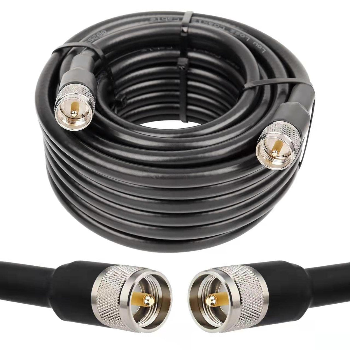 MOOKEERF front view of 50ft PL259 RG8 cable showing packaging and label benefits