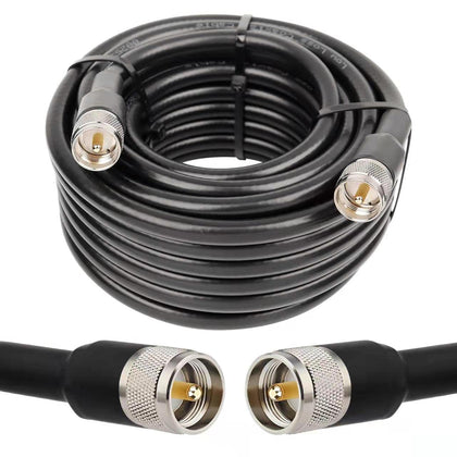 MOOKEERF front view of 50ft PL259 RG8 cable showing packaging and label benefits