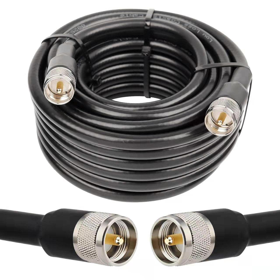 MOOKEERF front view of 50ft PL259 RG8 cable showing packaging and label benefits