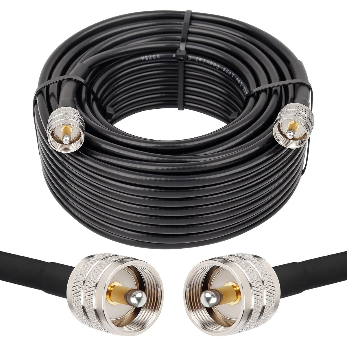 MOOKEERF front view of RG8x 50ft cable showing connectors and jacket durability