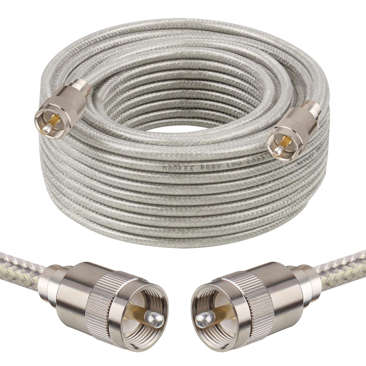 MOOKEERF front view 50ft cable showing PL-259 ends and length benefit