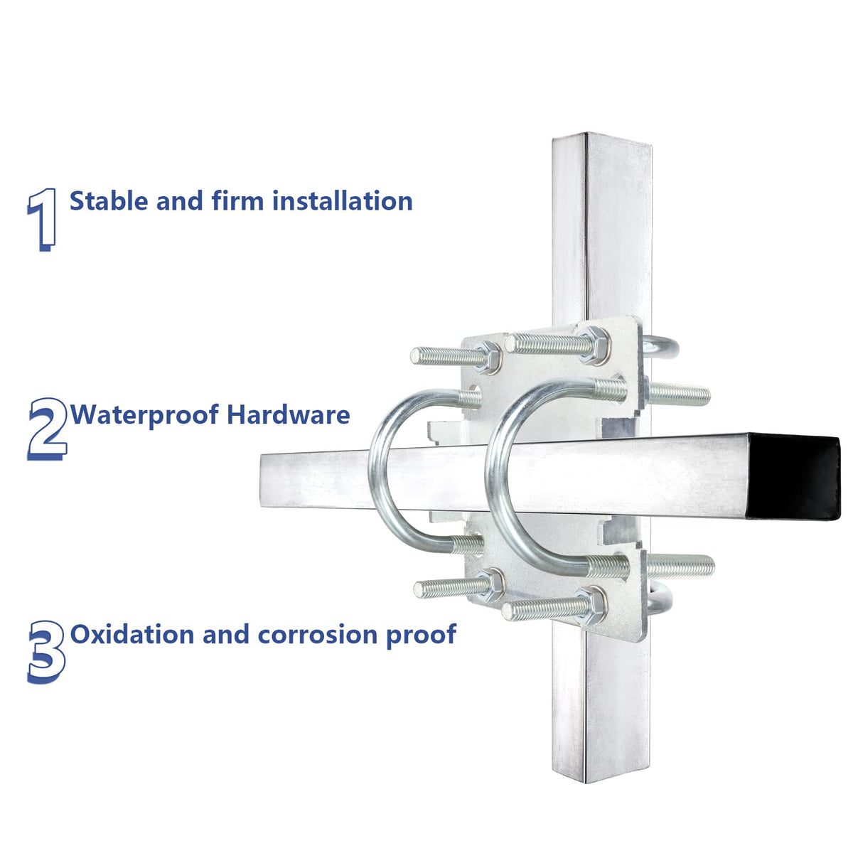 MOOKEERF hardware components arranged showing U-bolts nuts washers grommets for complete installation