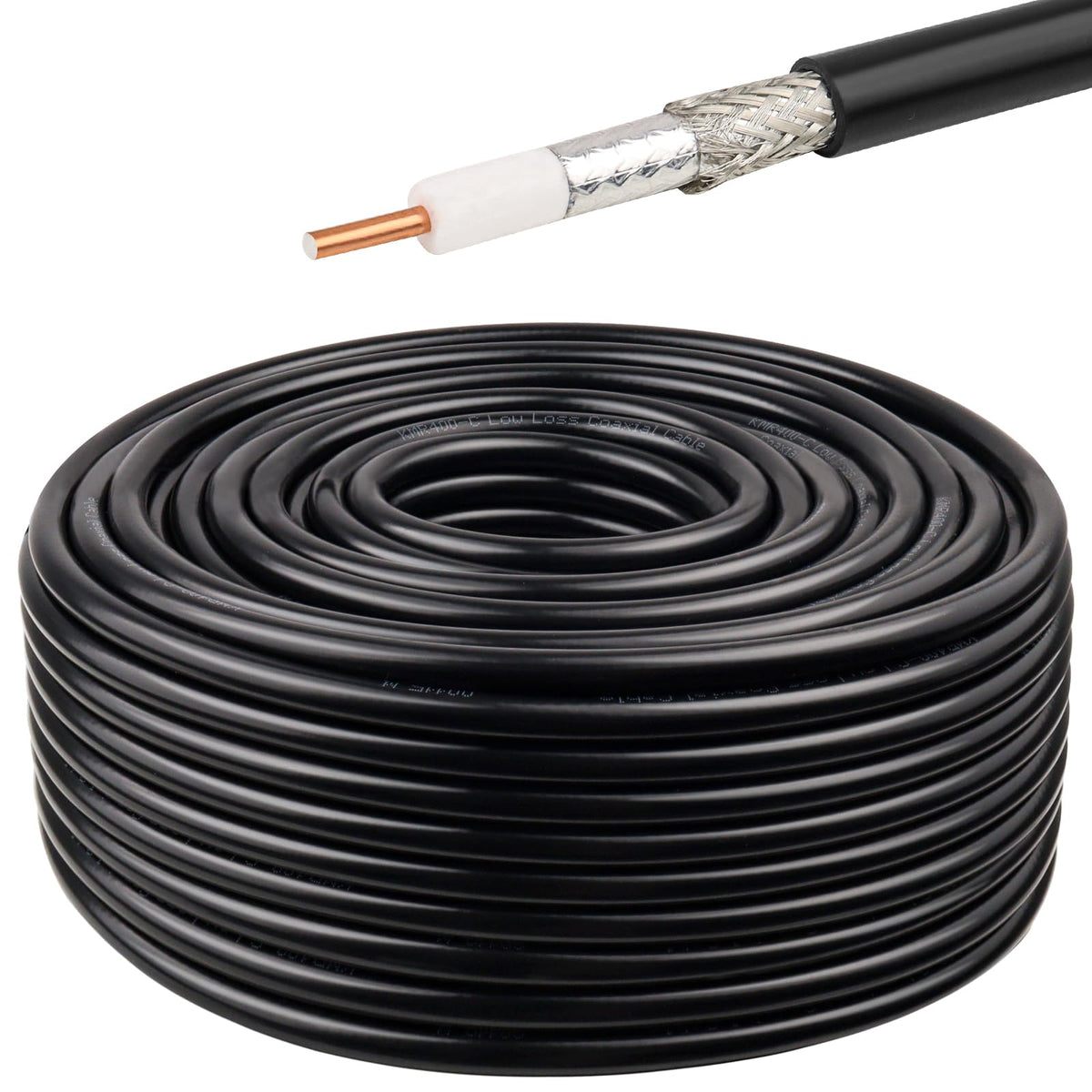 MOOKEERF KMR400 coaxial cable 100ft ready for long-distance signal transfer.