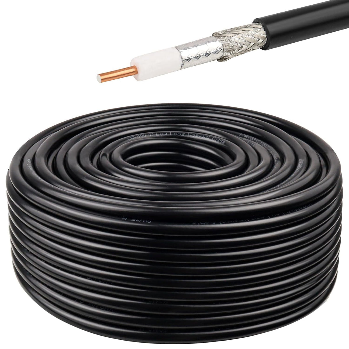 MOOKEERF front view of KMR400 50ft cable showing length and label, ensures correct purchase