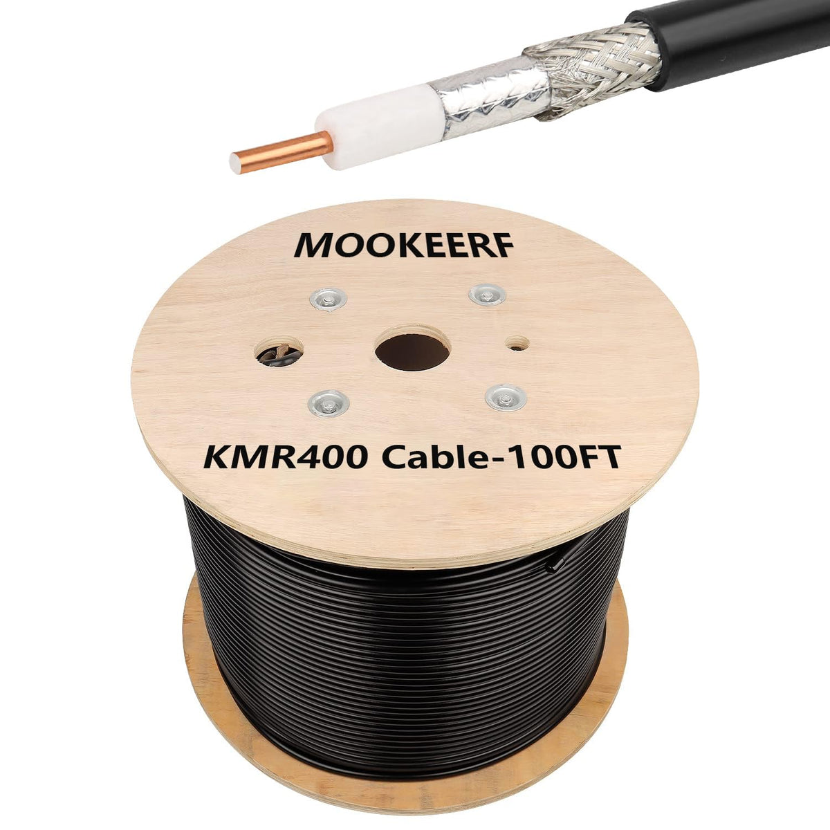 MOOKEERF KMR400 100ft cable packaging shown, includes one unit.