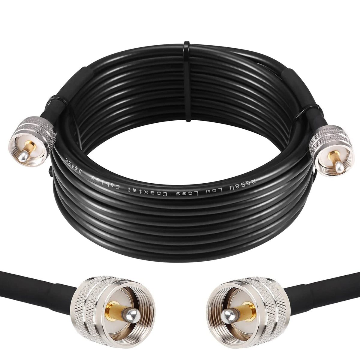 MOOKEERF PL259 20ft UHF coax cable closeup highlights dense copper shield for low loss.