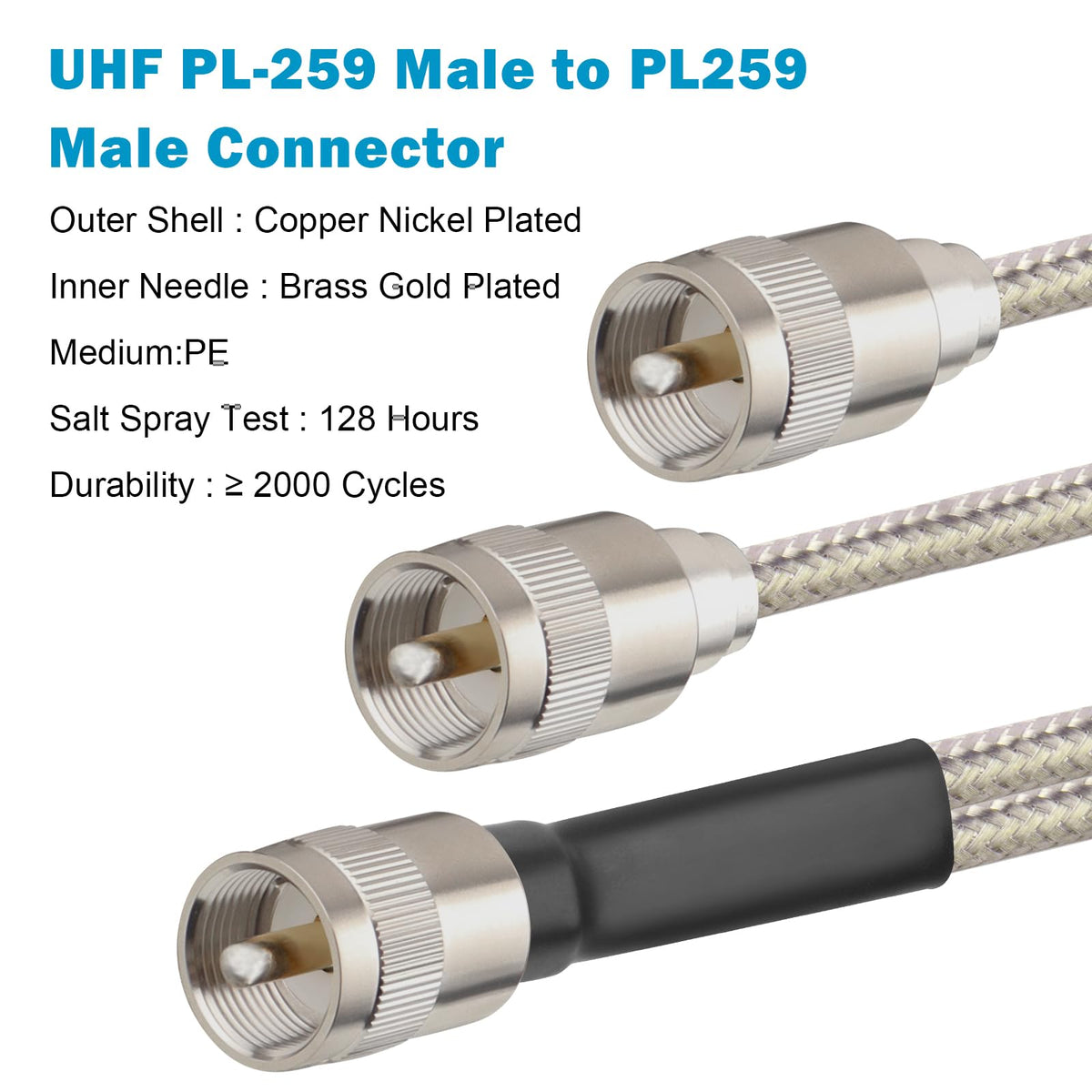 MOOKEERF closeup of PL-259 connector highlighting durable soldered joint benefit