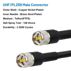MOOKEERF PL259 male-to-male connectors on a rugged coax end