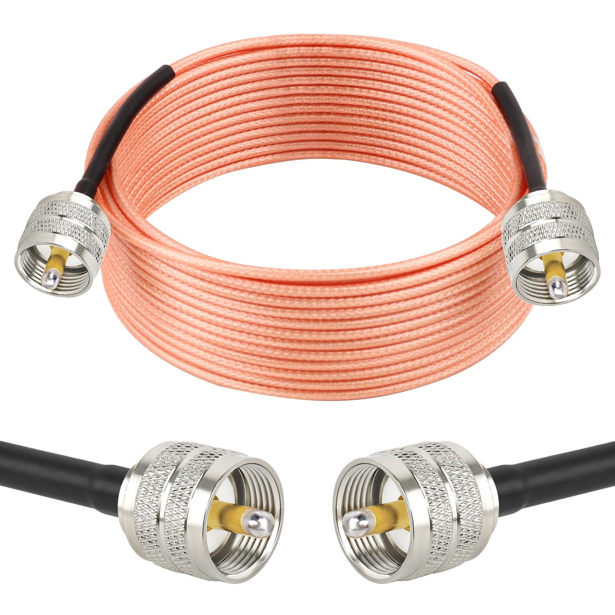 MOOKEERF RG316 coax cable 25ft with UHF PL259 connectors for versatile radio setups.