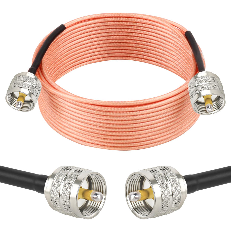 MOOKEERF RG316 coax cable 25ft with UHF PL259 connectors for versatile radio setups.