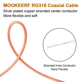 MOOKEERF cable connected to an antenna demonstrating clean RF hookup benefit