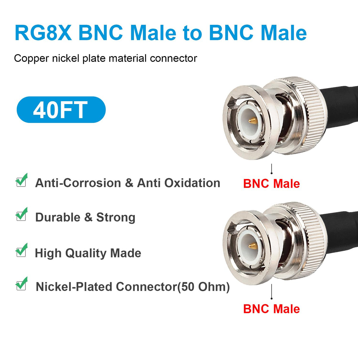 Closeup of MOOKEERF BNC connectors ensuring secure, durable joins.