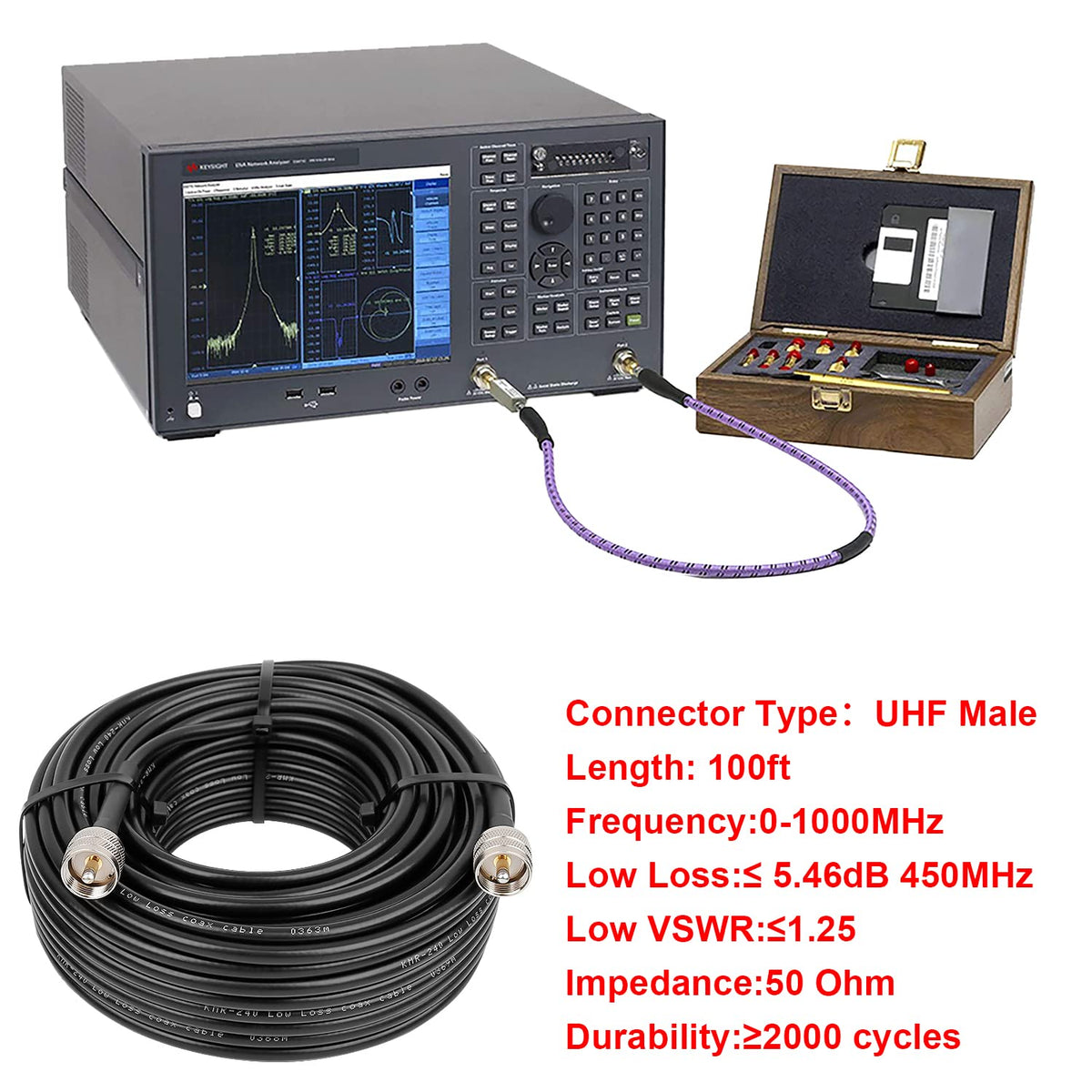 MOOKEERF cable connected to an SWR meter in test setup for accurate signal readings