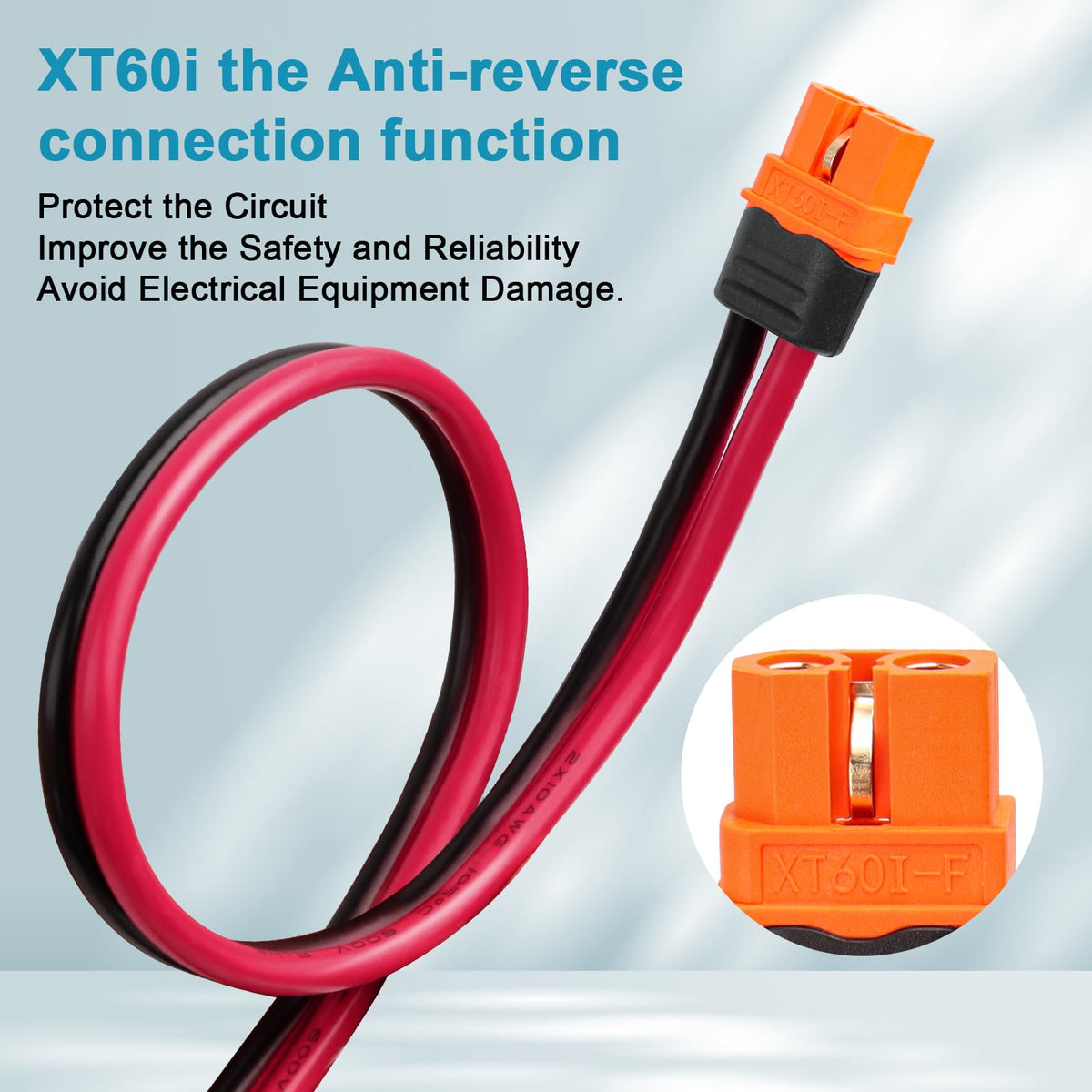 MOOKEERF XT60i female connector close-up highlighting anti-reverse design.