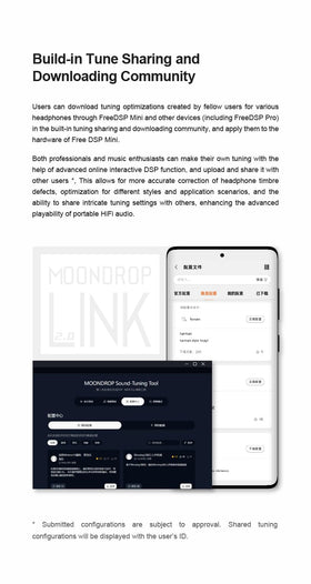 Moondrop FreeDSP Mini app DSP screen mockup showing easy tuning and one-button EQ