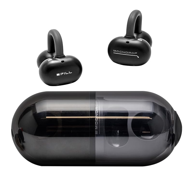 Moondrop Pill front view and open case showing retractable earbuds for neat storage