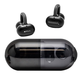 Moondrop Pill front view and open case showing retractable earbuds for neat storage