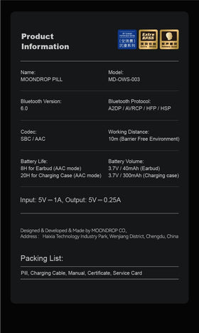 Moondrop Pill ports and touch controls image highlighting Bluetooth pairing convenience