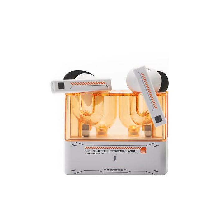 Moondrop earbuds and case front view showing compact design and premium finish