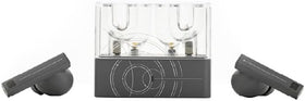Moondrop Space Travel 2 Ultra charging case open with earbuds seated, emphasizing compact charging and portability.