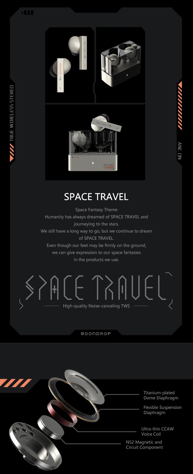 Moondrop Space Travel earbud close-up showing shallow-fit nozzle and smooth finish for comfort