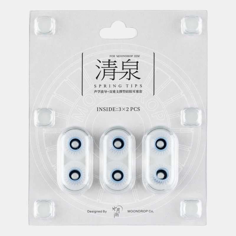 Moondrop front packaging showing three pairs of spring tips and benefits