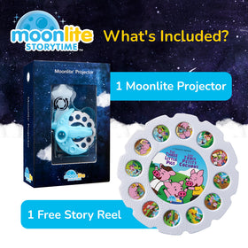 Moonlite family bedtime cuddle with bright projected stories on the wall.