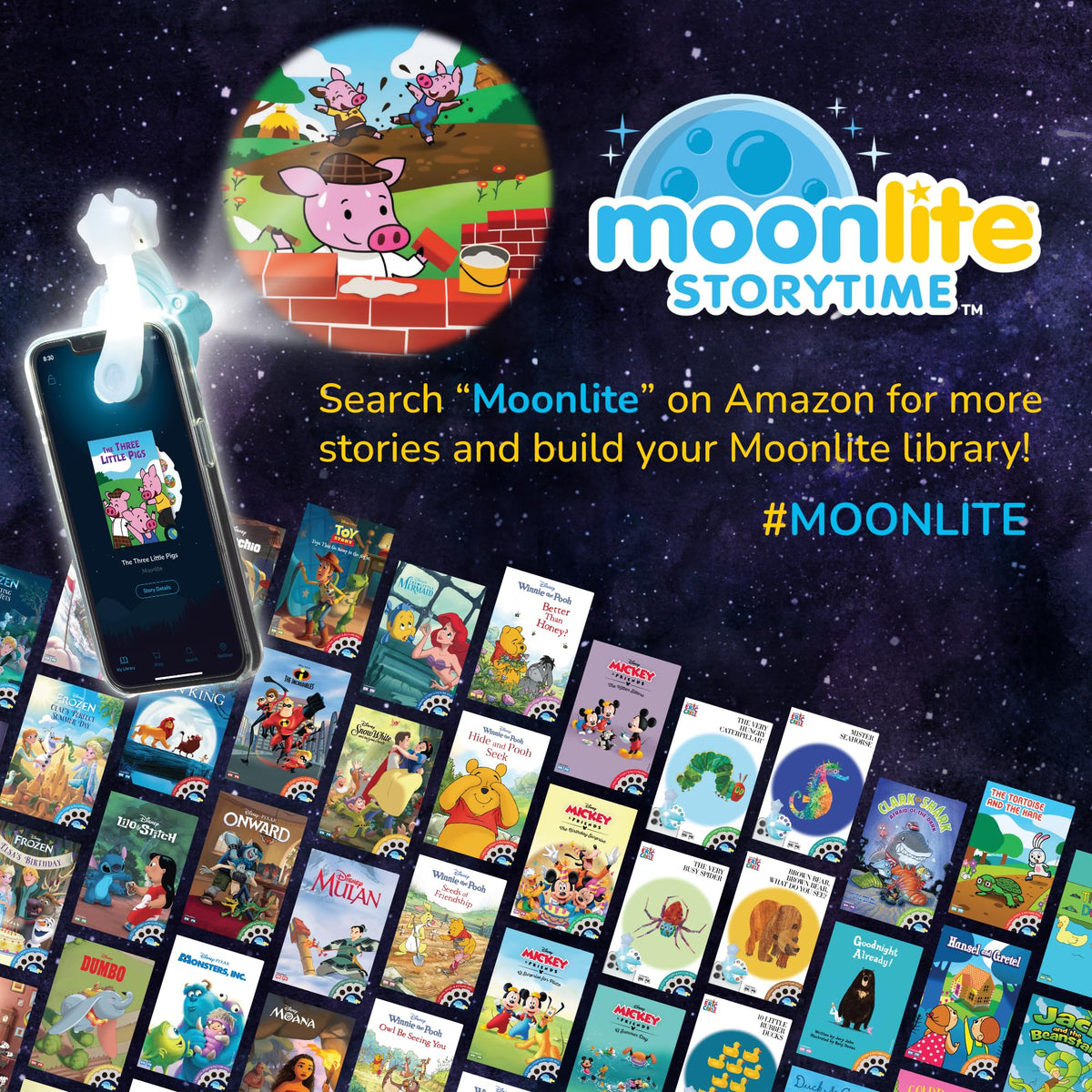 Moonlite portable kid projector ready for travel and reading.