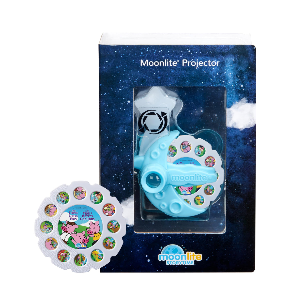 Moonlite Storytime Projector setup shows a compact, portable bedtime solution.