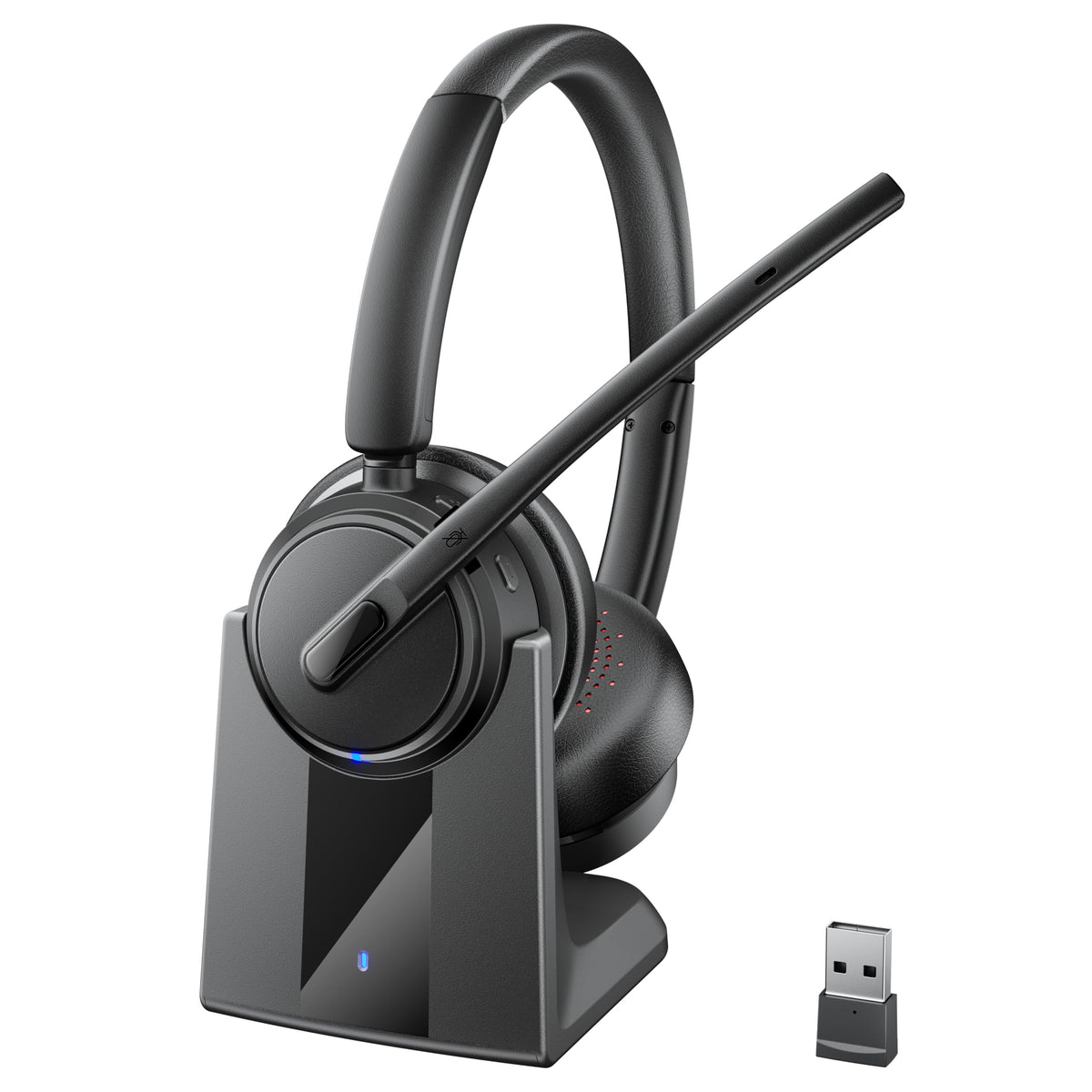 Mopchnic wireless headset front view with noise cancelling for clearer calls.