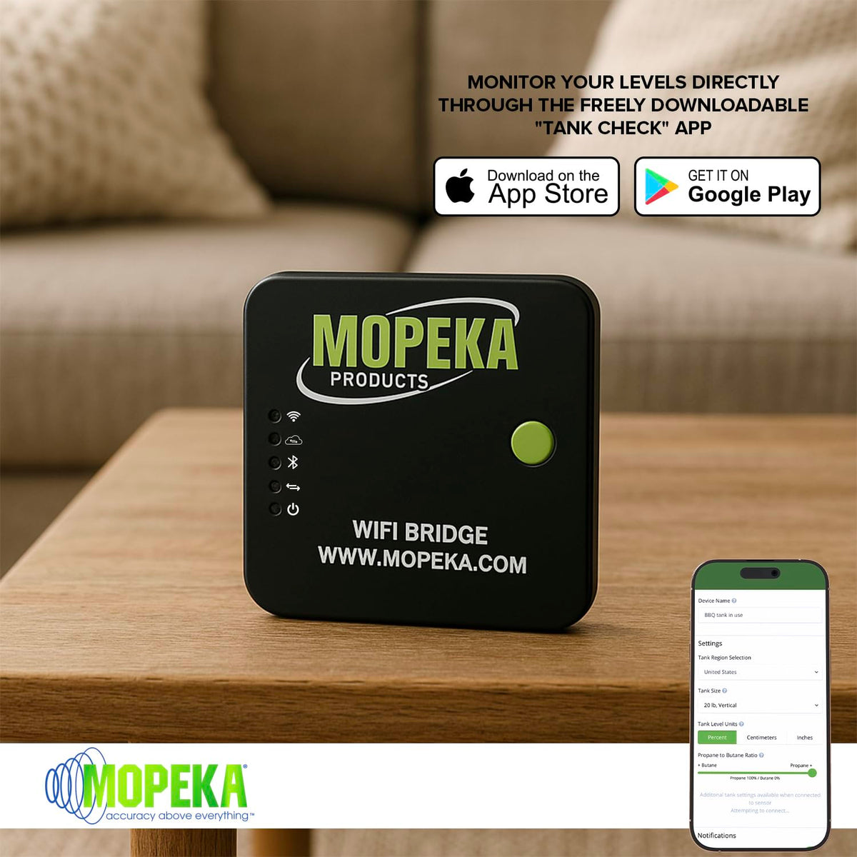 Mopeka bridge beside phone with sensor pairing screen demonstrating simple setup