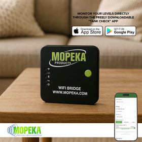 Mopeka bridge beside phone with sensor pairing screen demonstrating simple setup