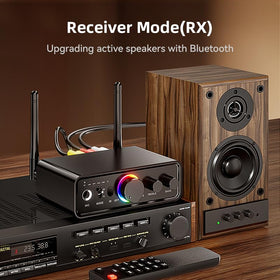 MOREGAX M18 connected to TV and Bluetooth headphones for low-latency audio