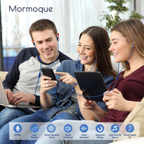 MORMOQUE EP-06 blue earbuds with magnetic snap for secure storage.