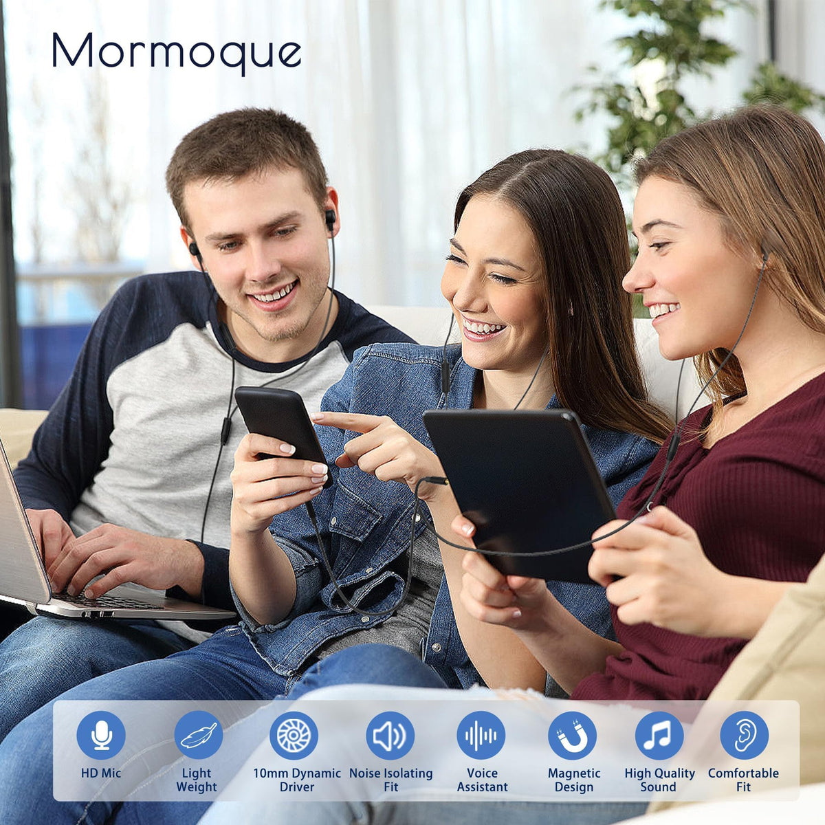 MORMOQUE EP-06 magnetic earbuds snap together for secure storage.