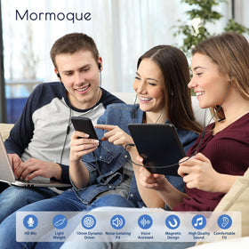 MORMOQUE EP-06 magnetic earbuds snap together for secure storage.