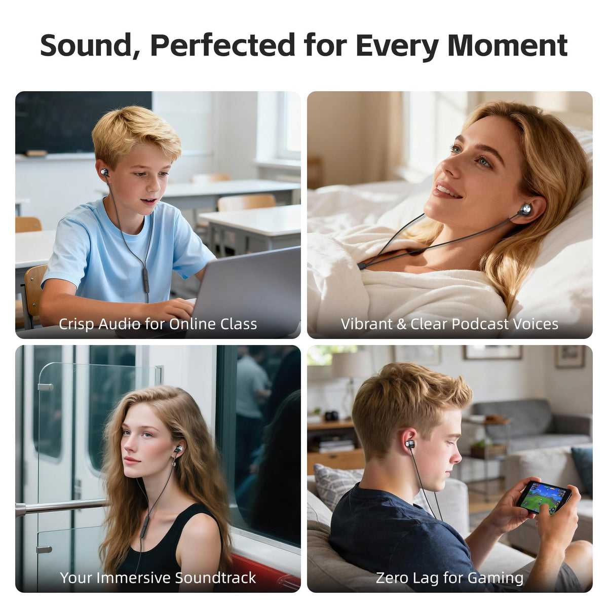 MORMOQUE student using earbuds for study showing clear sound and comfort