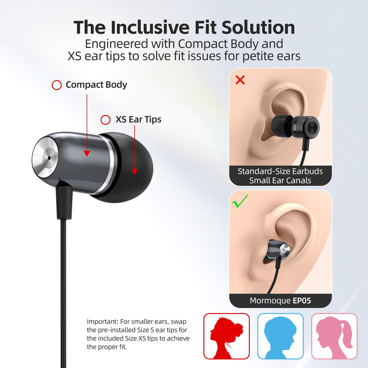 MORMOQUE close-up of small earbud housing highlighting snug fit for petite ears