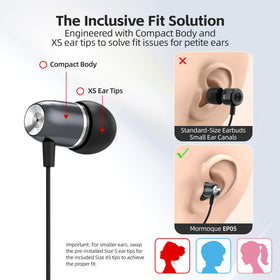 MORMOQUE close-up of small earbud housing highlighting snug fit for petite ears