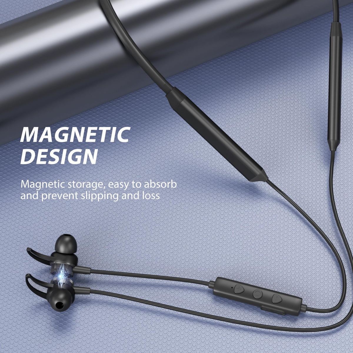 MORMOQUE G5 magnetic earbuds close up for tangle-free wear.