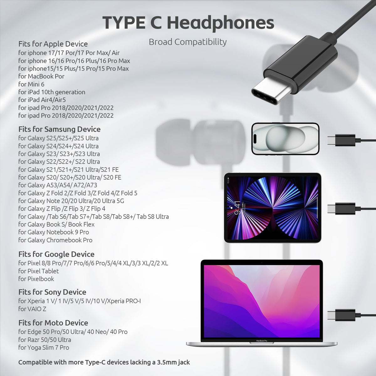MORMOQUE USB-C headphones built-in microphone and controls for hands-free calls.