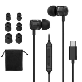 MORMOQUE USB-C headphones front view showing universal compatibility and sleek black finish.