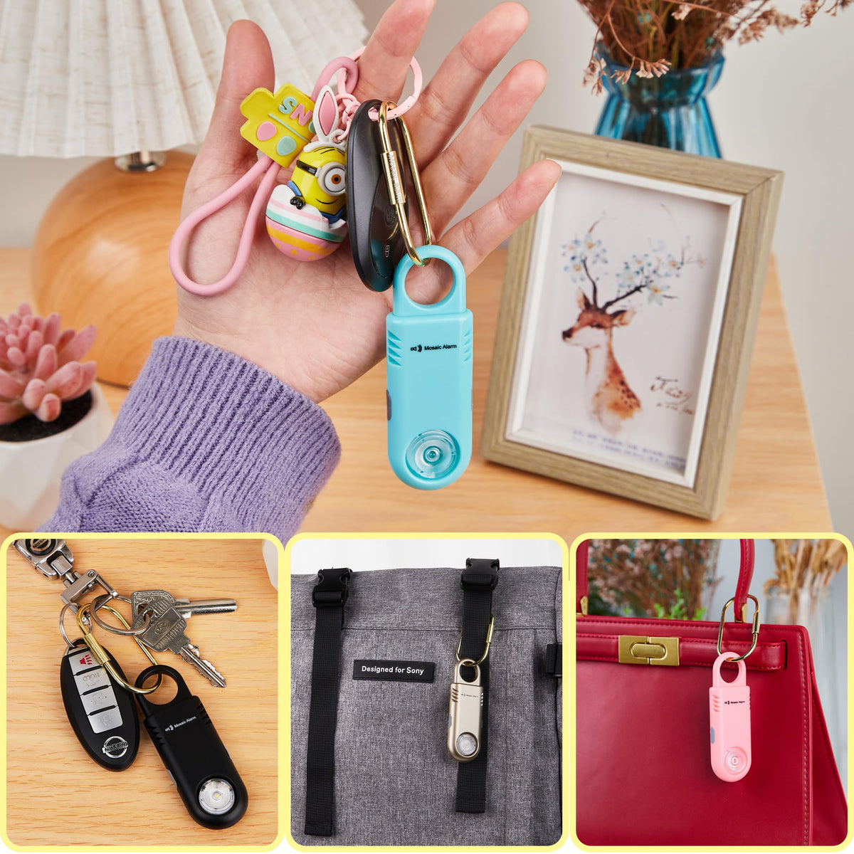 Mosaic Alarm SOS keychain with carabiner clip for everyday carry.