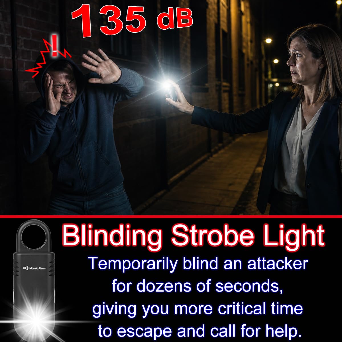 Mosaic Alarm built-in ultra-bright flashlight illuminates dark paths