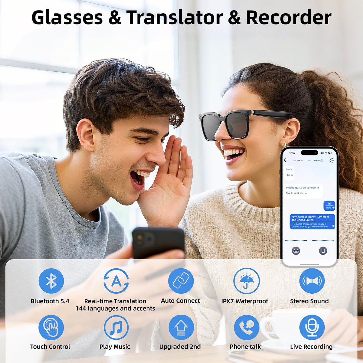 Moscrea Smart Glasses meeting or travel companion with translation and AI features.